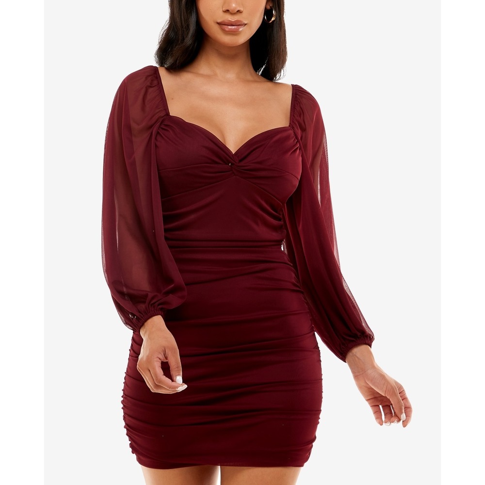 B. Darlin Ruched Bodycon Dress‎ Mesh Long Sleeve Sweetheart Neckline Burgundy XS